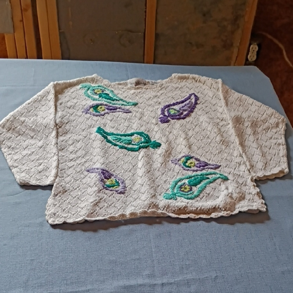 Diane Von Furstenberg Cream Crochet Knit Top with Multicolor Detail